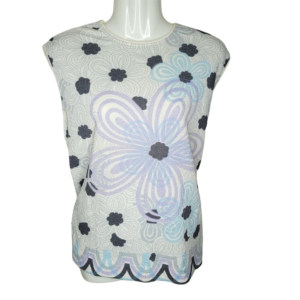 Vintage Floral Sleeveless Top Womens M L Acrylic Knit 60s 70s